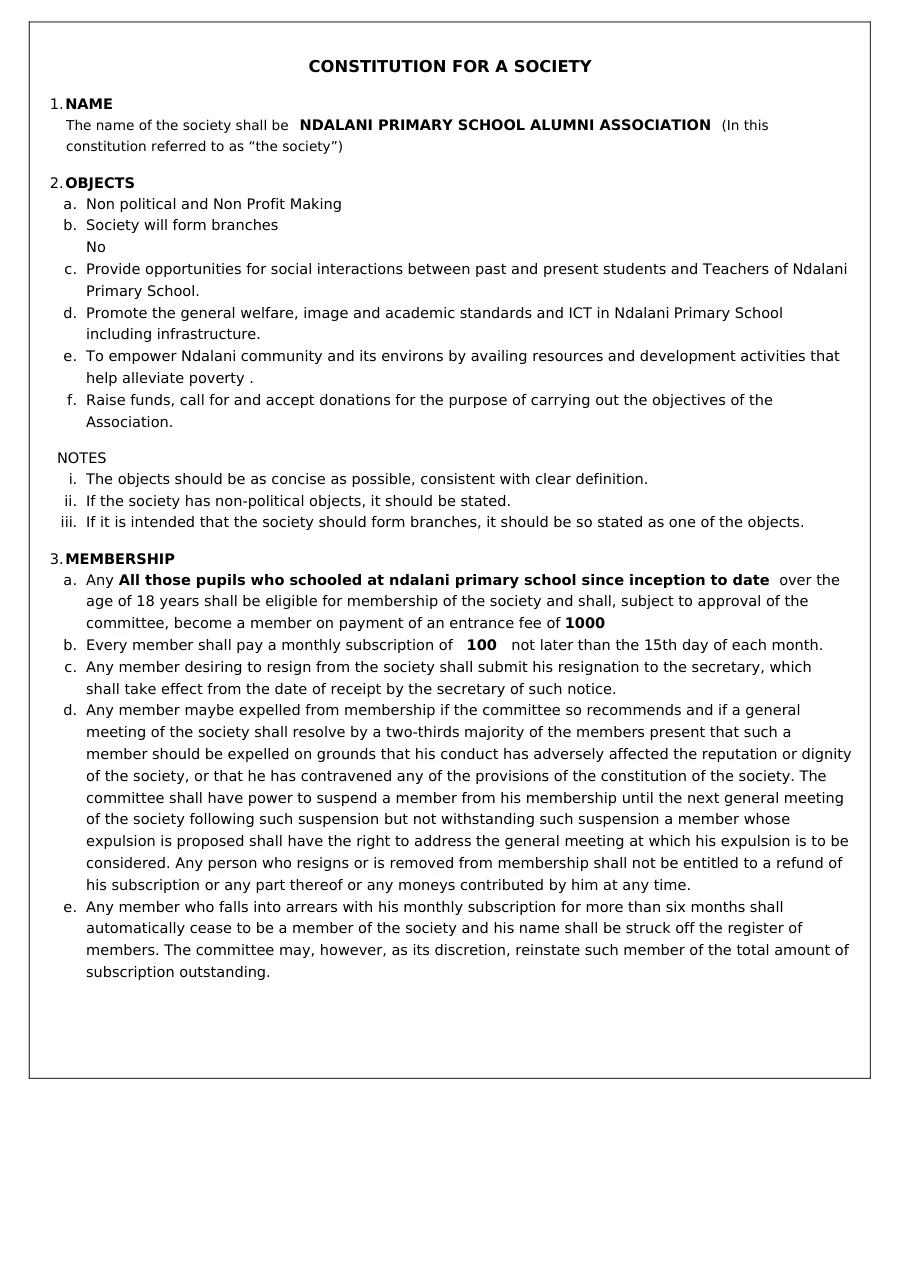 Preview of Association constitution